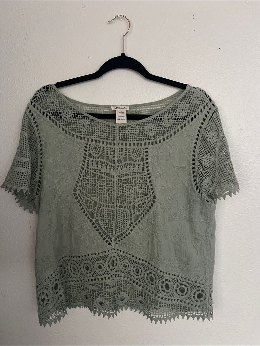 Ultra Pink Sage Green Crochet Lace Short Sleeve Blouse
